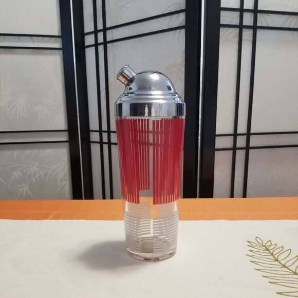 Art Deco 1930s Glass Martini / Cocktail Shaker w/ Chrome Top & Stopper - 11" - Picture 1 of 3